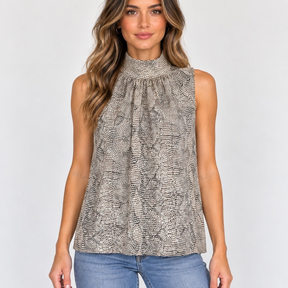 Jones New York 100% Silk Mock Neck Sleeveless Blouse Animal Print Size 4 NWT